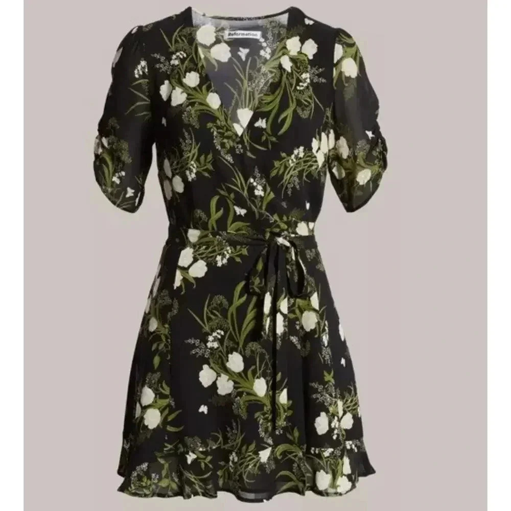 Reformation Black and Green Floral Wrap Mini Dress